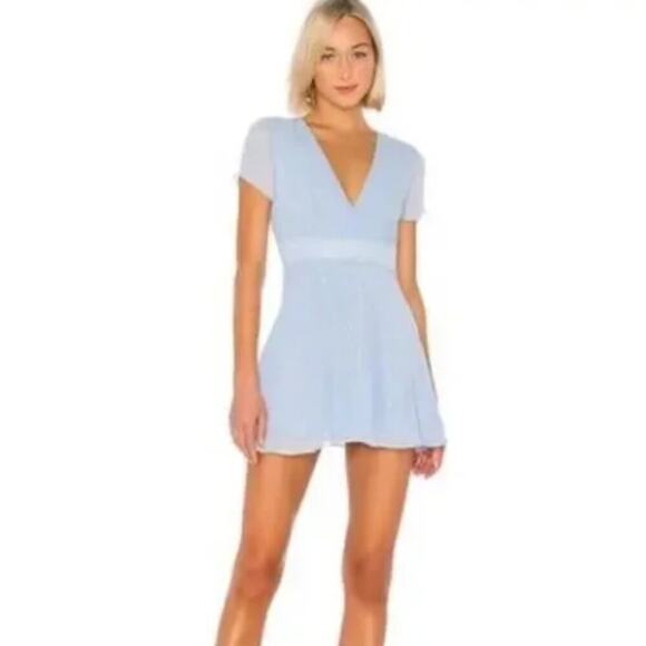 Revolve Superdown Bree Mini Dress Sky Blue Chiffon Metallic Swiss Dot Shower - Picture 1 of 6